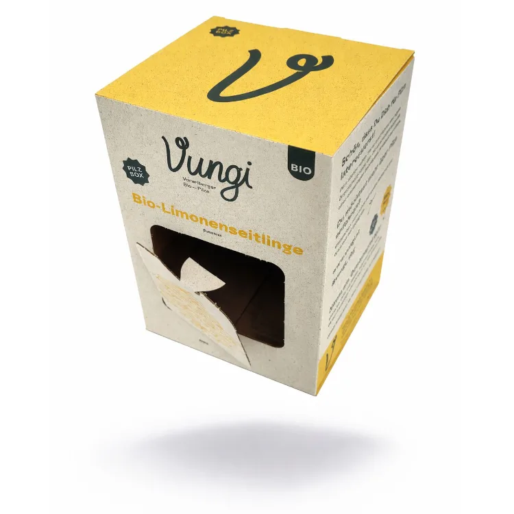Die nachhaltige Verpackung von Vungi Bio Limonenseitlinge.