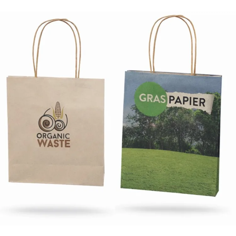 Ein Beispiel für Tragetaschen aus Graspapier und Organic-Waste